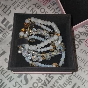 Erimish 5 stack bracelets Hitched , white, crystal and gold beads. All stretch.